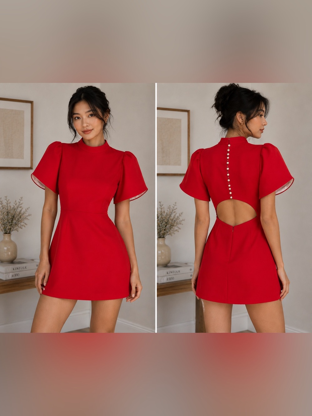 Red Cutout Mini Dress Size Small Puff Sleeve Pearl Button Back